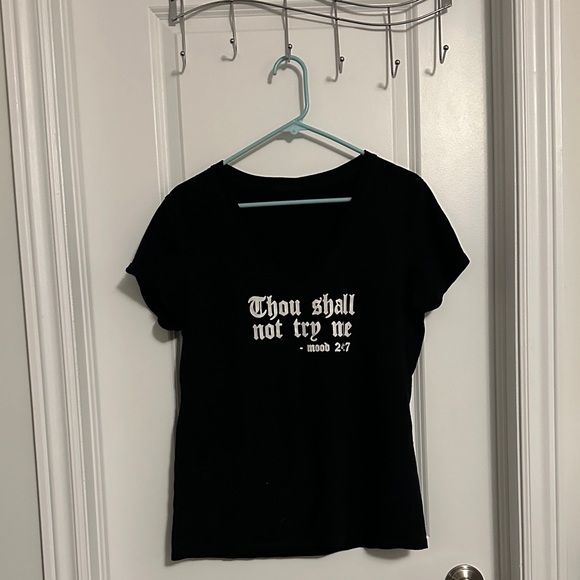 Tops - Black Graphic V-Neck Tee - Thou Shall Not Try Me